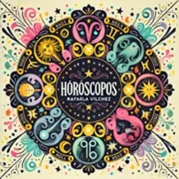 Horóscopos - Predicciones Diarias y Mensuales por Rafaela Vilchez Ilustración colorida de horóscopos con los 12 signos zodiacales y elementos astrológicos, con el nombre de Rafaela Vilchez.
